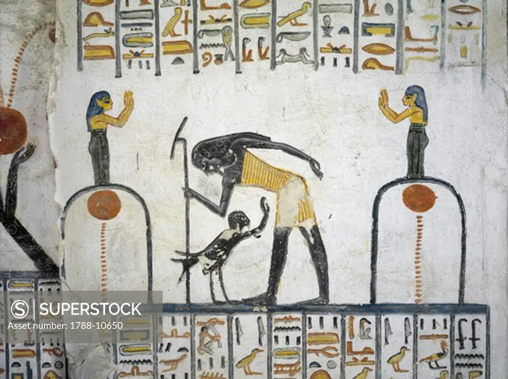 Egypt, Thebes, Luxor, Valley of the Kings, Tomb of Ramses VI, mural painting from Illustrated Book of the Earth in Burial chamber from 20th dynasty