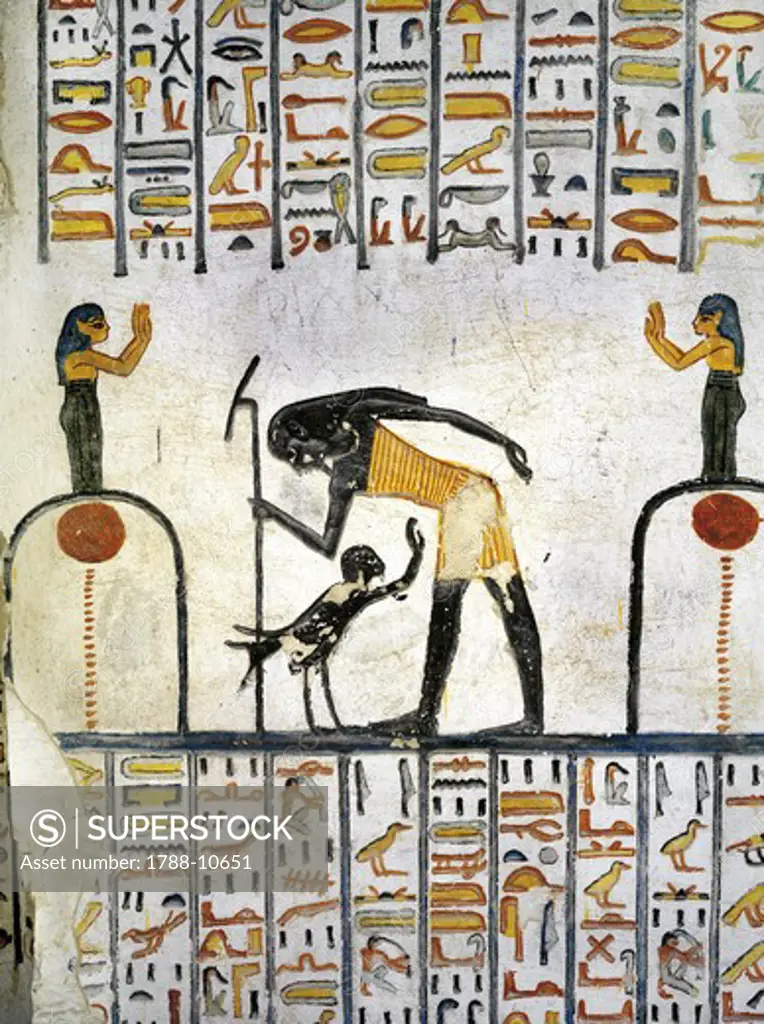 Egypt, Thebes, Luxor, Valley of the Kings, Tomb of Ramses VI, mural painting from Illustrated Book of the Earth in Burial chamber from 20th dynasty