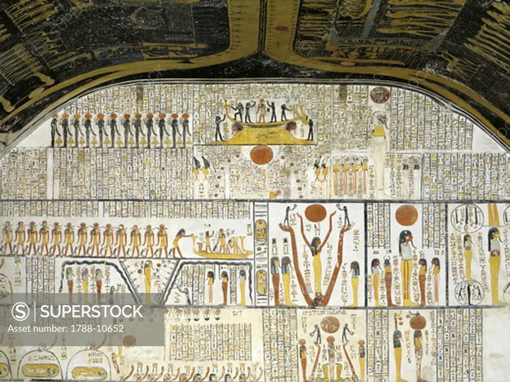 Egypt, Thebes, Luxor, Valley of the Kings, Tomb of Ramses VI, mural paintings of Ra in solar bark from Illustrated Book of the Earth in Burial chamber from 20th dynasty
