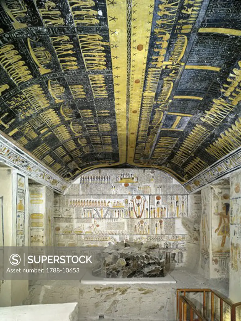 Egypt, Thebes, Luxor, Valley of the Kings, Tomb of Ramses VI, painted ceiling illustrating Book of the Day and Book of the Night cosmology, in Burial chamber from 20th dynasty