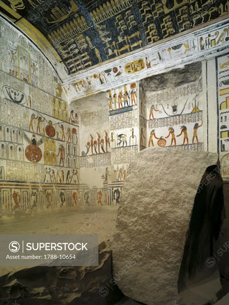 Egypt, Thebes, Luxor, Valley of the Kings, Tomb of Ramses VI, ceiling and wall paintings illustrating Book of the Day, Book of the Night and Book of the Earth, in Burial chamber from 20th dynasty