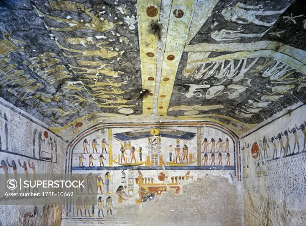 Egypt, Thebes, Luxor, Valley of the Kings, Tomb of Ramses IX, mural paintings illustrating Book of Day, Night, Caverns, Earth and Amduat, in Burial chamber from twentieth dynasty