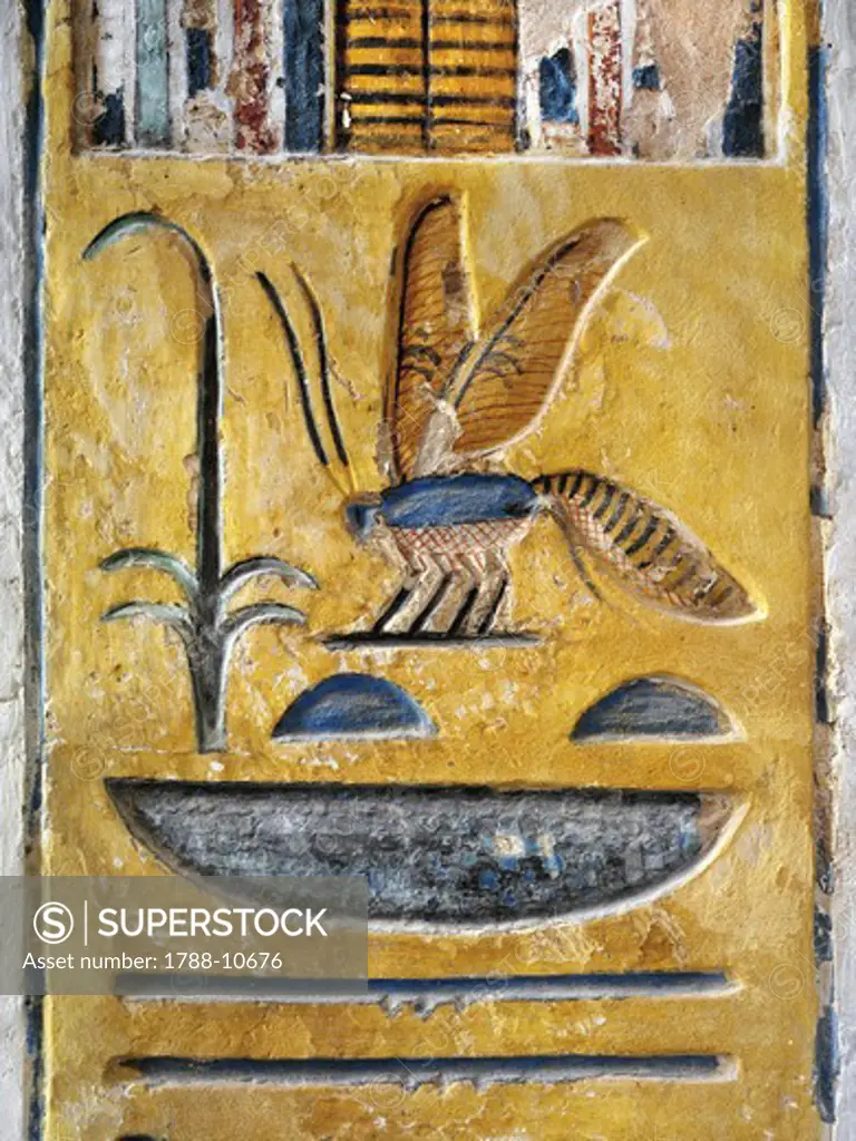 Egypt, Thebes, Luxor, Valley of the Kings, Tomb of Siptah, close-up of mural painting from nineteenth dynasty