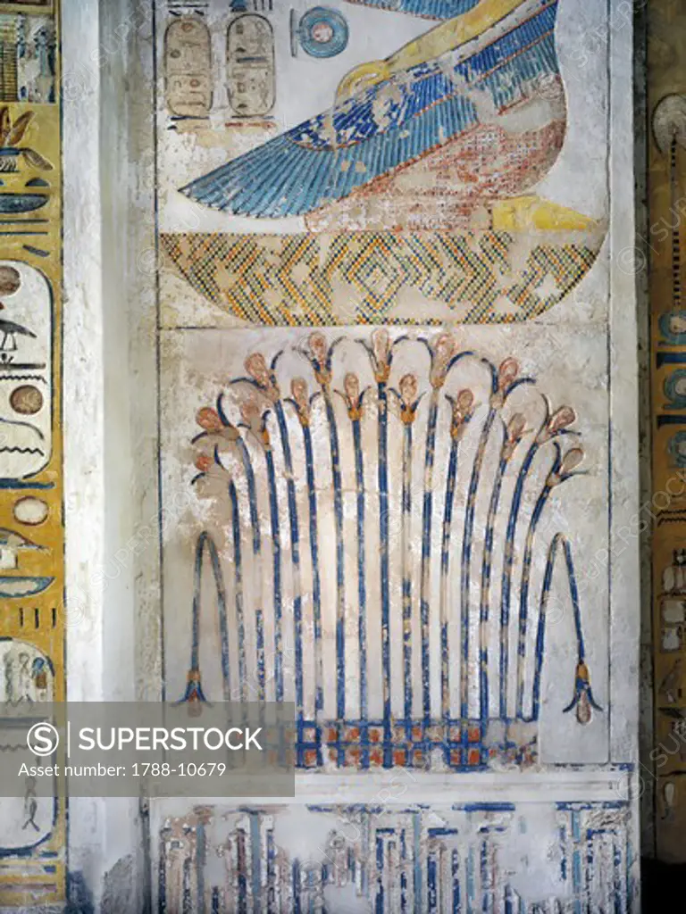 Egypt, Thebes, Luxor, Valley of the Kings, Tomb of Siptah, close-up of mural paintings from nineteenth dynasty