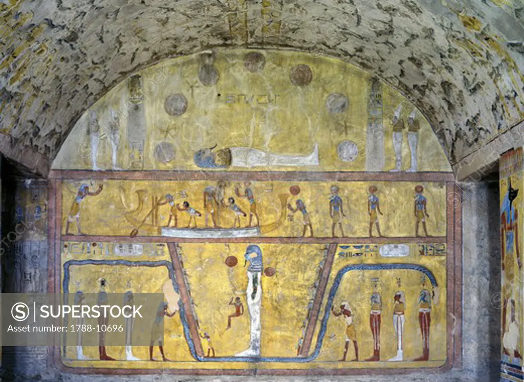 Egypt, Thebes, Luxor, Valley of the Kings, Tomb of Tausert, mural paintings from Illustrated Book of the Earth, in Burial chamber from twentieth dynasty