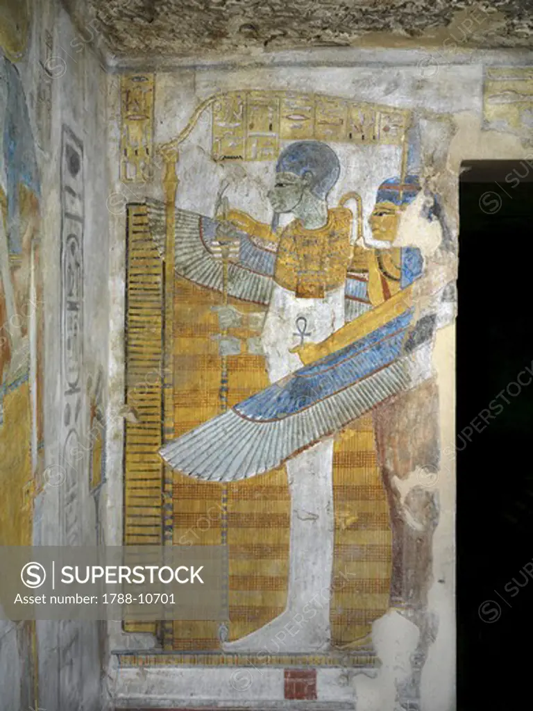 Egypt, Thebes, Luxor, Valley of the Kings, Tomb of Tausert, mural painting of protective Ma'at spreading wings over Ptah, from twentieth dynasty