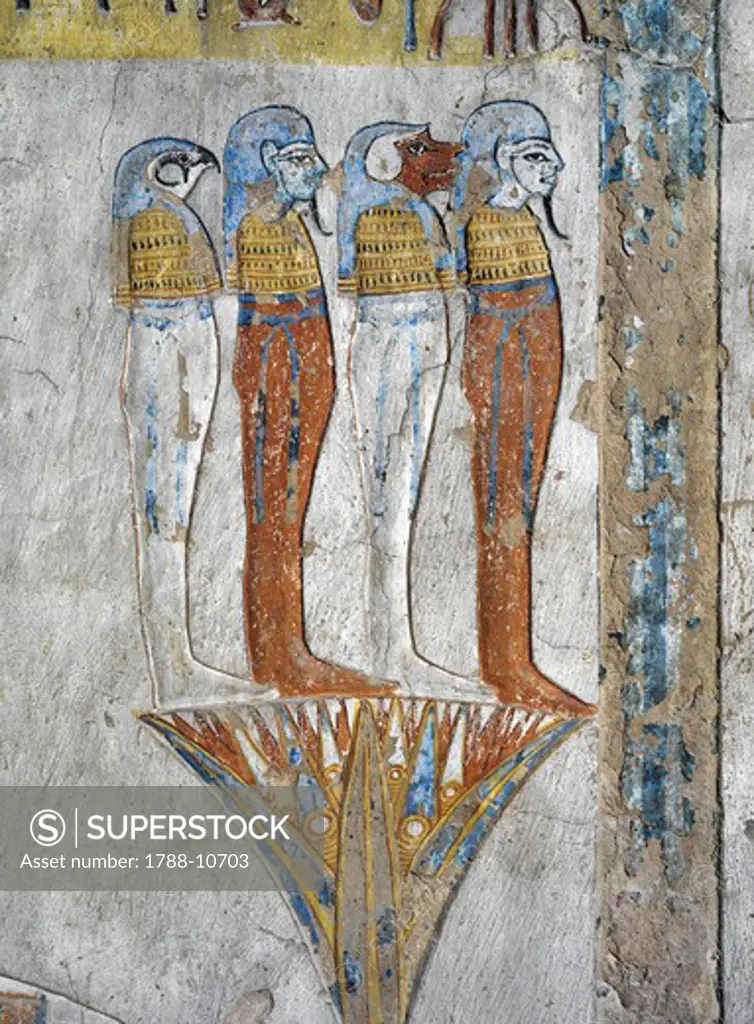 Egypt, Thebes, Luxor, Valley of the Kings, Tomb of Tausert, mural painting of Horus' four sons, from twentieth dynasty