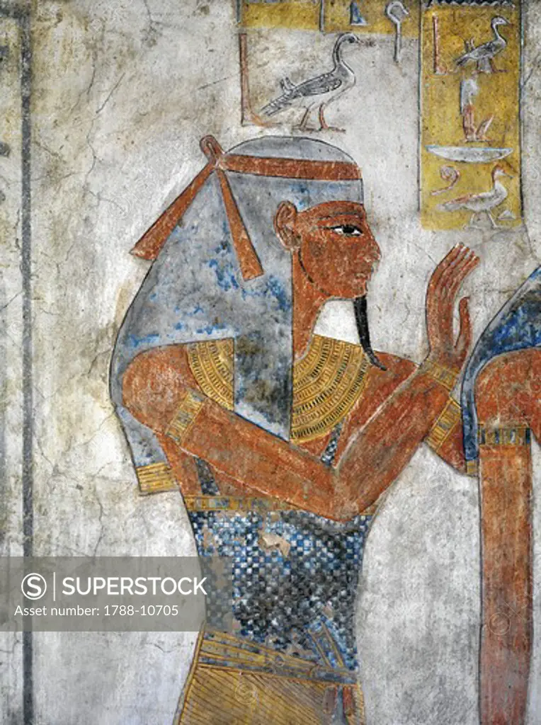 Egypt, Thebes, Luxor, Valley of the Kings, Tomb of Tausert, mural painting of Earth god Geb, from twentieth dynasty