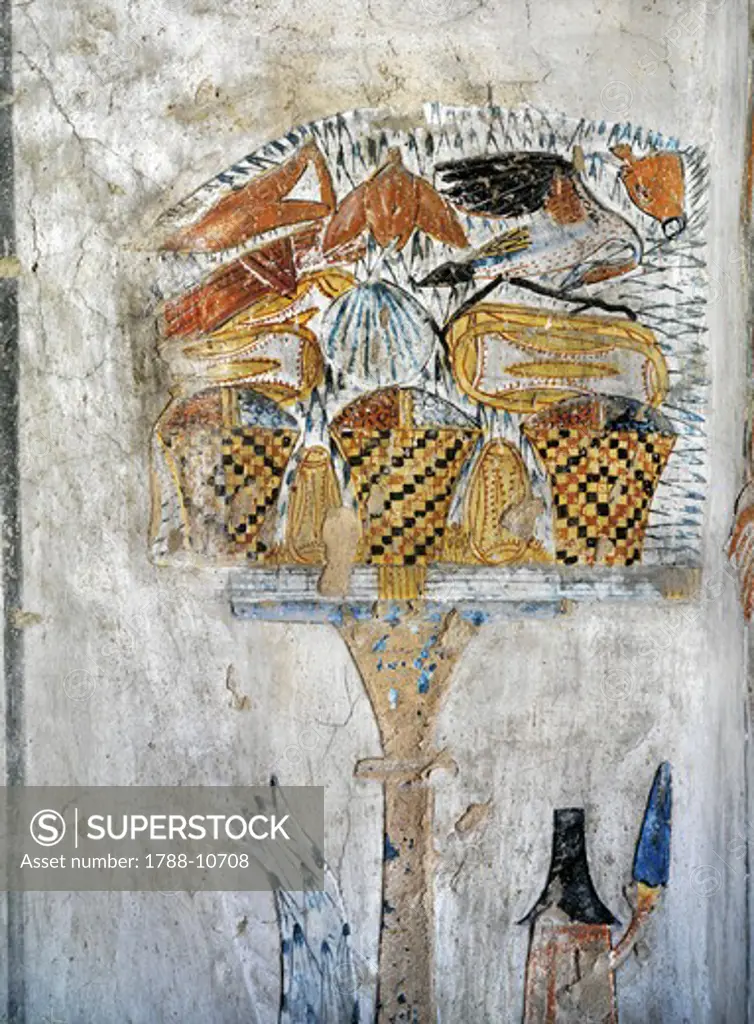 Egypt, Thebes, Luxor, Valley of the Kings, Tomb of Tausert, mural painting of table of offerings, from twentieth dynasty