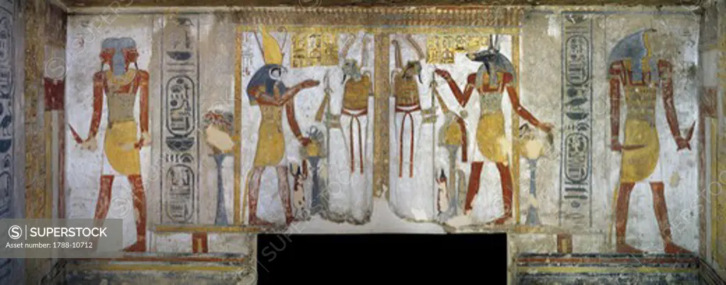 Egypt, Thebes, Luxor, Valley of the Kings, Tomb of Tausert, Expanded by Setnakht, Burial chamber, Mural paintings, Horus and Osiris; Osiris and Anubis