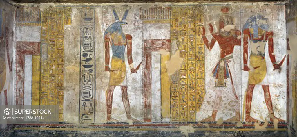 Egypt, Thebes, Luxor, Valley of the Kings, Tomb of Tausert, Expanded by Setnakht, Burial chamber, Mural paintings