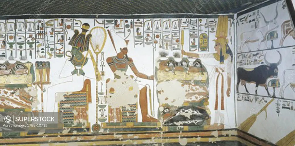 Egypt, Thebes, Luxor, Valley of the Queens, Tomb of Nefertari, Chamber 2, Mural paintings, Queen holds sekhem sceptre to consecrate table of offerings before Osiris and Atum
