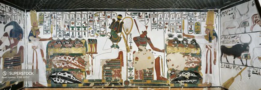 Egypt, Thebes, Luxor, Valley of the Queens, Tomb of Nefertari, Chamber 2, Mural paintings, Queen holds sekhem sceptre to consecrate table of offerings before Osiris and Atum