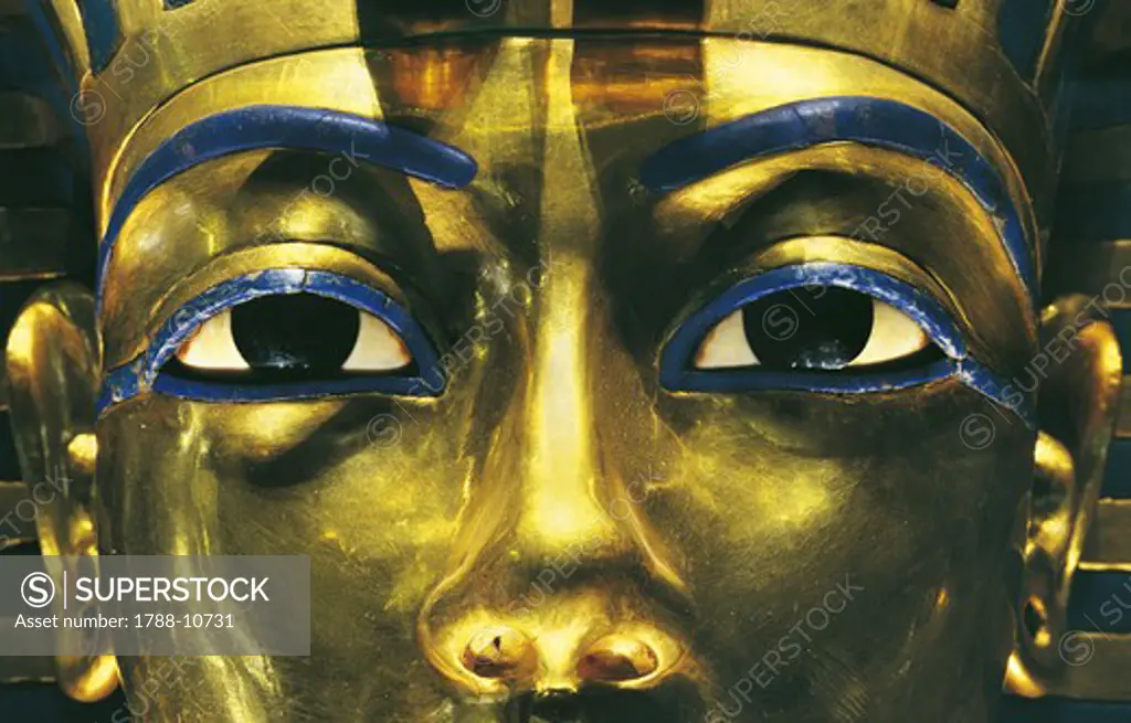 Egypt, Thebes, Luxor, Valley of the Kings, Tomb of Tutankhamon, Treasures of Tutankhamon, Gold mask of the pharaoh
