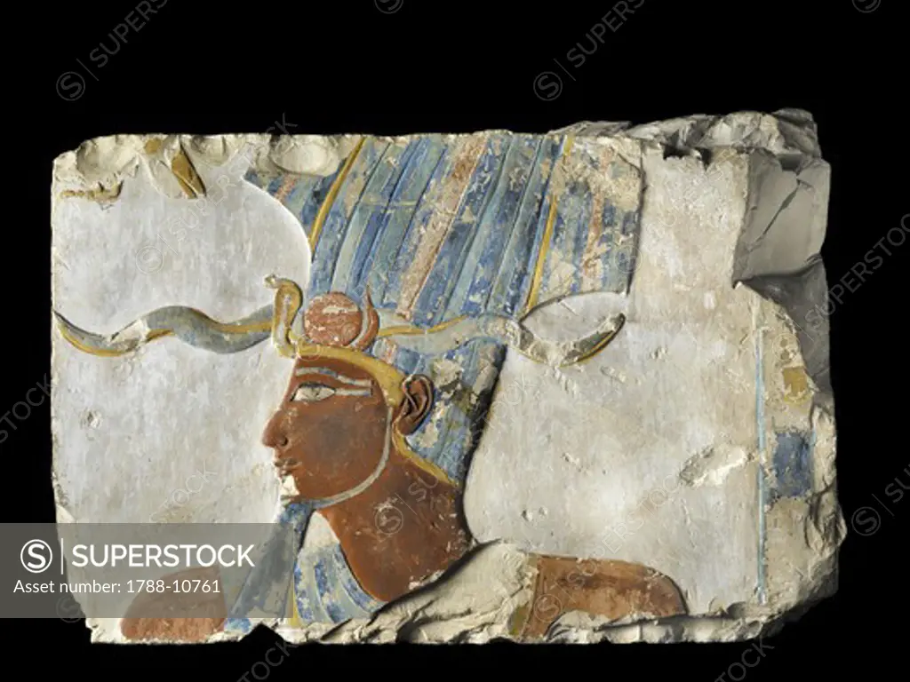 Egypt, Luxor, Ancient Egypt Museum, polychrome relief representing face of King Thutmosi III, 18th dynasty