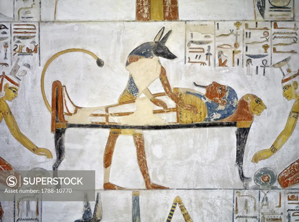 Egypt, Thebes, Luxor, Valley of the Kings, Tomb of Siptah, mural painting of Anubis before embalmed Siptah from 19th dynasty