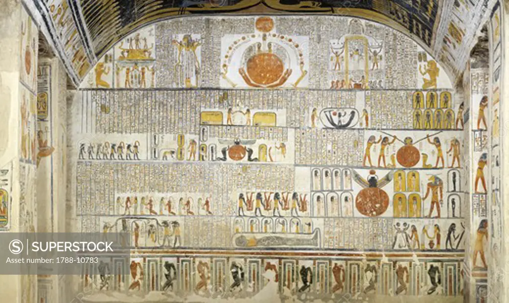 Egypt, Thebes, Luxor, Valley of the Kings, Tomb of Ramses VI, mural painting from Illustrated Book of the Earth, in Burial chamber from 20th dynasty