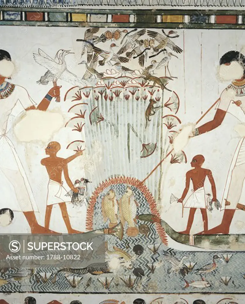 Egypt, Thebes, Luxor, Sheikh 'Abd al-Qurna, Tomb of royal estate supervisor Menna, Burial chamber, Mural paintings, Hunting scene