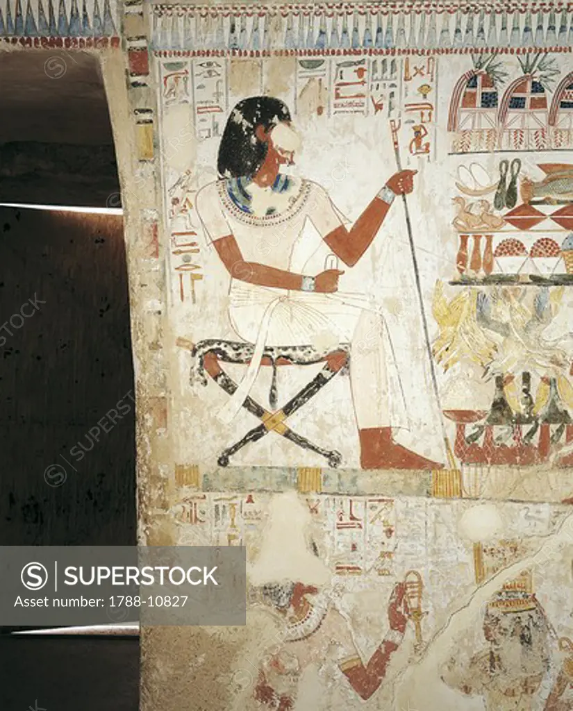 Egypt, Thebes, Luxor, Sheikh 'Abd al-Qurna, Tomb of royal estate supervisor Menna, Vestibule, Mural paintings, Menna supervises ongoing agricultural work