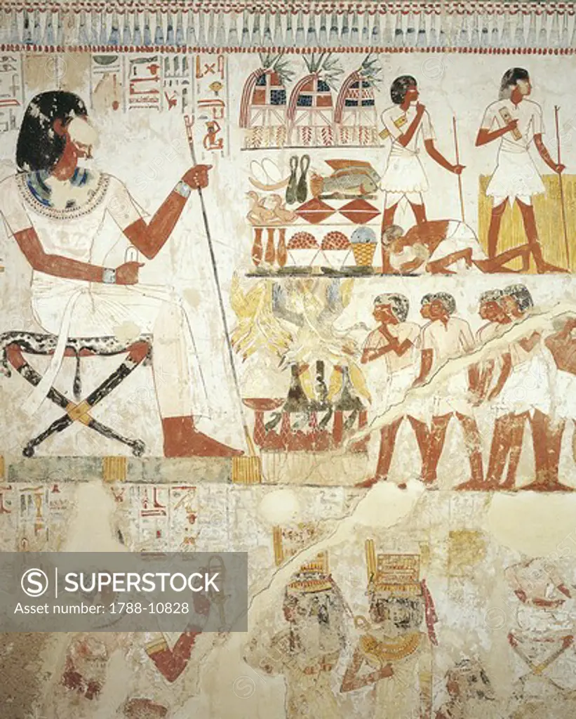 Egypt, Thebes, Luxor, Sheikh 'Abd al-Qurna, Tomb of royal estate supervisor Menna, Vestibule, Mural paintings, Menna supervises ongoing agricultural work