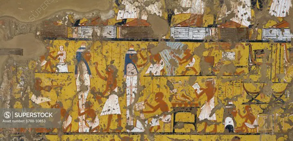 Egypt, Thebes, Luxor, Dayr al-Madina, Tomb of sculptor Ipuy, Burial chamber, Mural paintings, Ritual embalming