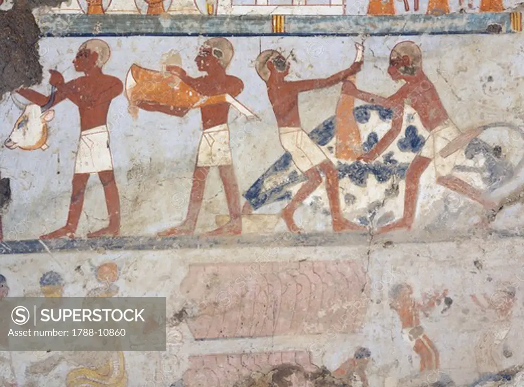 Egypt, Thebes, Luxor, Sheikh 'Abd al-Qurna, Tomb of standard-bearer of pharaoh Pehsukher, Mural paintings, butchery
