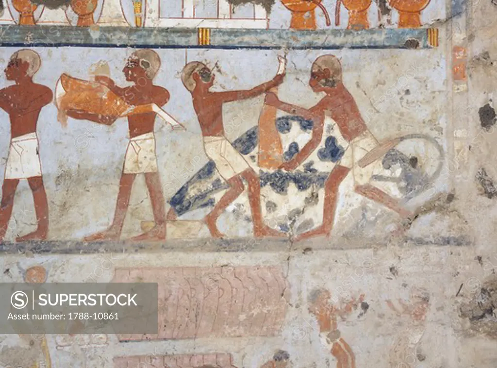 Egypt, Thebes, Luxor, Sheikh 'Abd al-Qurna, Tomb of standard-bearer of pharaoh Pehsukher, Mural paintings, Butchery