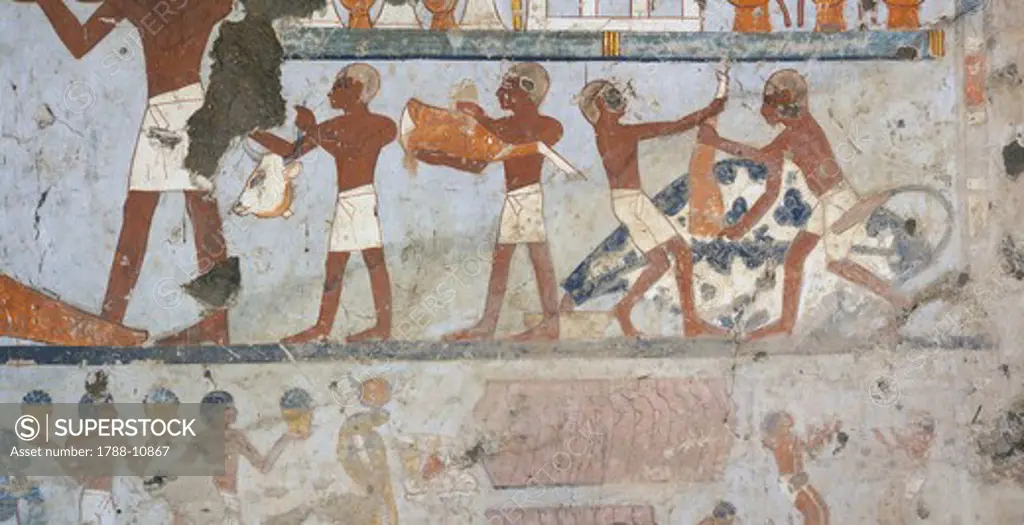 Egypt, Thebes, Luxor, Sheikh 'Abd al-Qurna, Tomb of standard-bearer of pharaoh Pehsukher, Mural paintings, Butchery