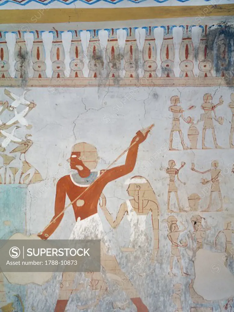 Egypt, Thebes, Luxor, Sheikh 'Abd al-Qurna, Tomb of royal cupbearer Suemnut, Mural paintings, Hunting scenes and votive offerings