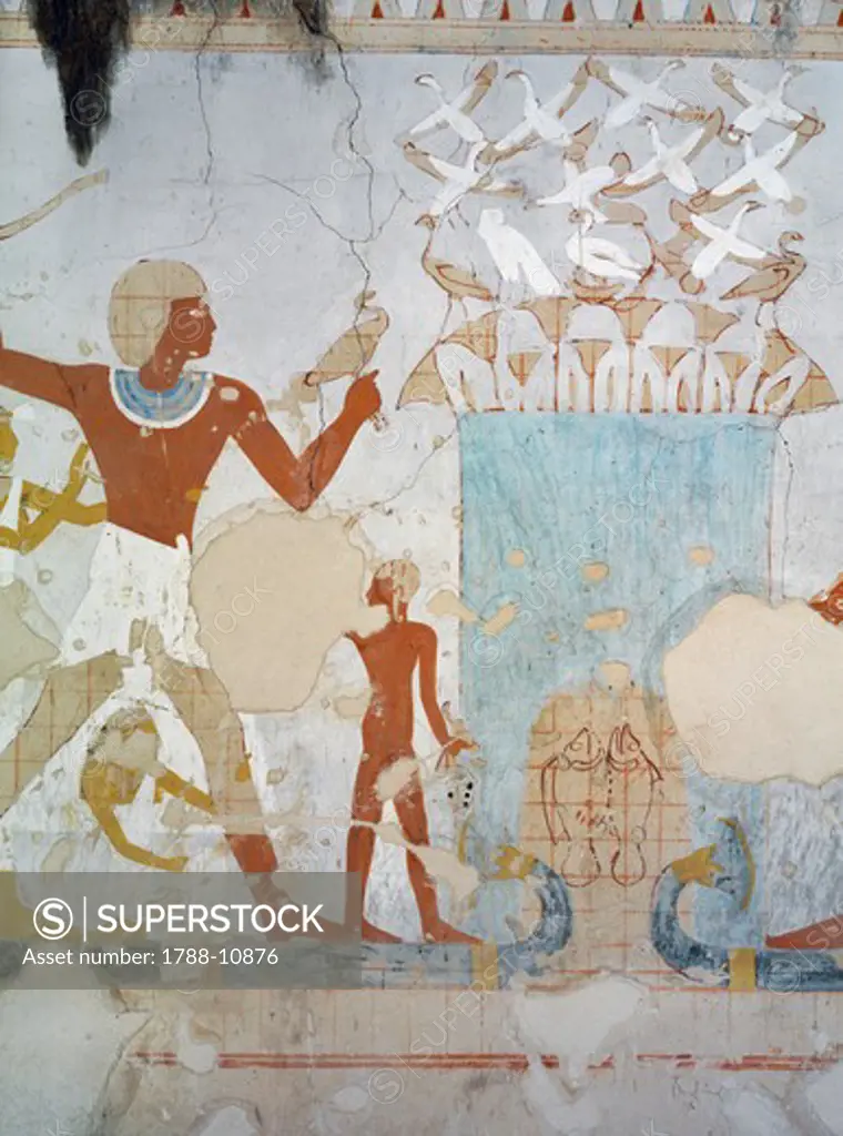 Egypt, Thebes, Luxor, Sheikh 'Abd al-Qurna, Tomb of royal cupbearer Suemnut, Mural paintings, Hunting scene
