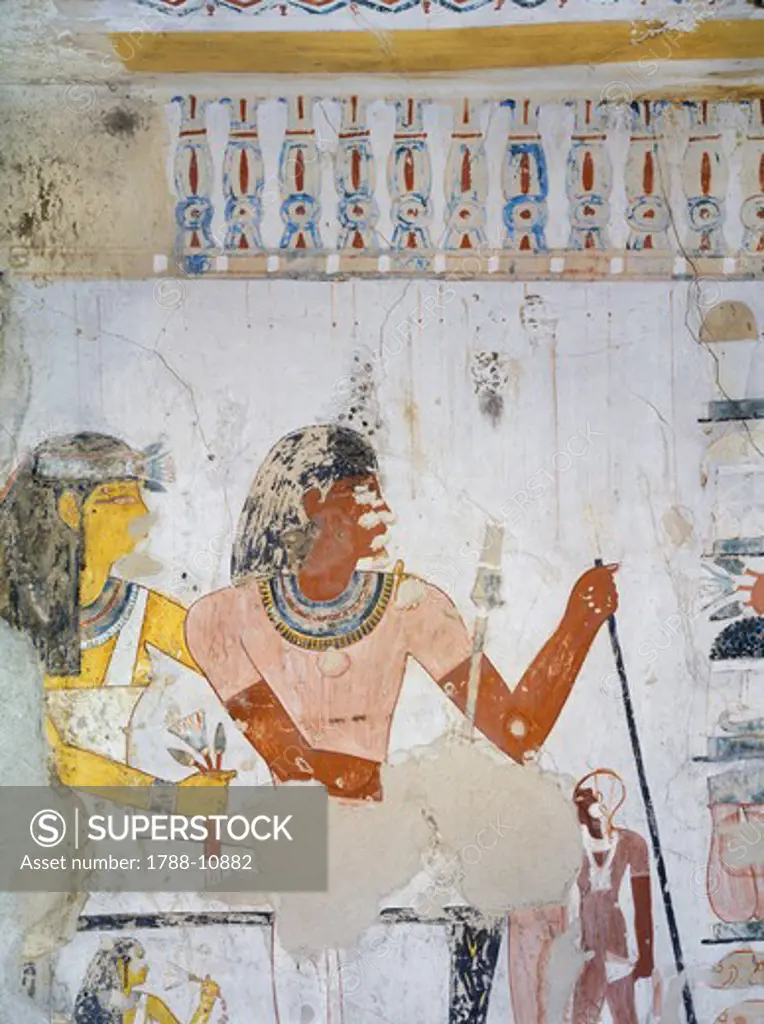 Egypt, Thebes, Luxor, Sheikh 'Abd al-Qurna, Tomb of royal cupbearer Suemnut, Mural paintings, Suemnut and wife Kat