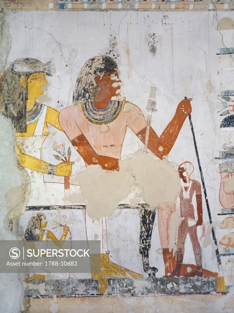 Egypt, Thebes, Luxor, Sheikh 'Abd al-Qurna, Tomb of royal cupbearer Suemnut, Mural paintings, Suemnut and wife Kat