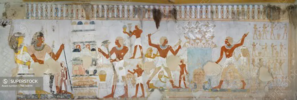 Egypt, Thebes, Luxor, Sheikh 'Abd al-Qurna, Tomb of royal cupbearer Suemnut, Mural paintings, Suemnut and wife Kat, votive offerings and hunting scene