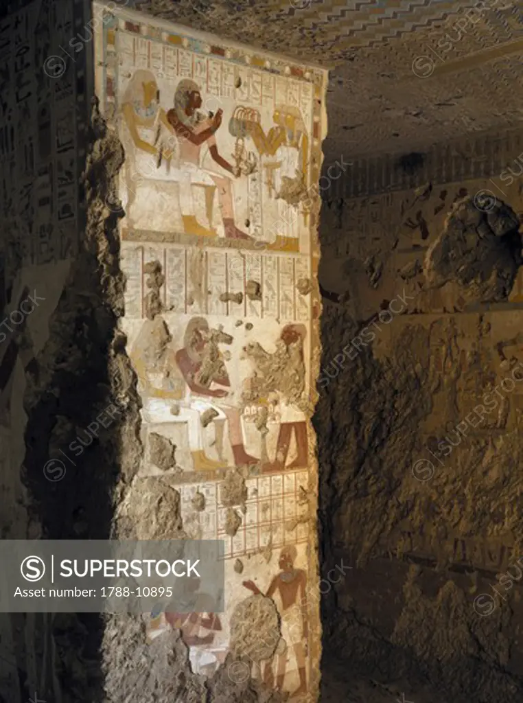 Egypt, Thebes, Luxor, Sheikh 'Abd al-Qurna, Tomb of army commander Amenemheb Meh, Pillar covered with mural paintings