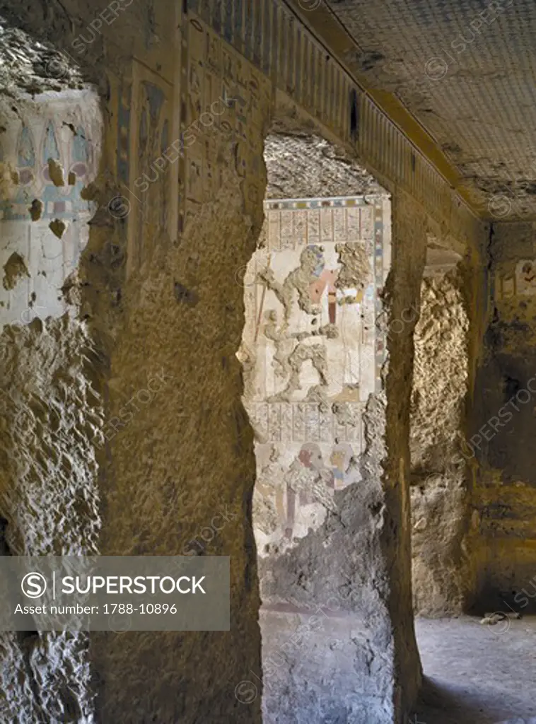 Egypt, Thebes, Luxor, Sheikh 'Abd al-Qurna, Tomb of army commander Amenemheb Meh, Pillars covered with mural paintings