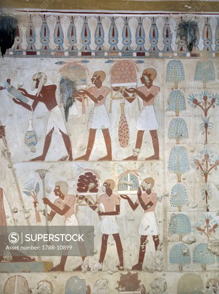 Egypt, Thebes, Luxor, Sheikh 'Abd al-Qurna, Tomb of army commander Amenemheb Meh, Mural paintings representing votive offerings