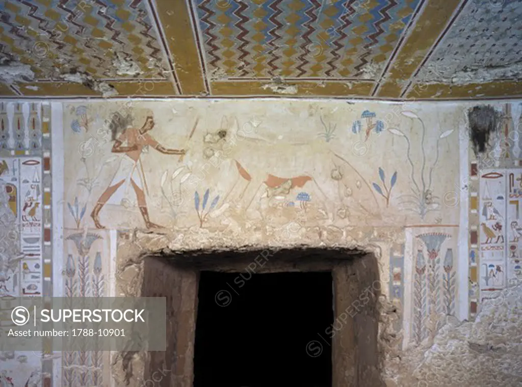 Egypt, Thebes, Luxor, Sheikh 'Abd al-Qurna, Tomb of army commander Amenemheb Meh, Inner doorway architrave covered with mural paintings representing hunting scene