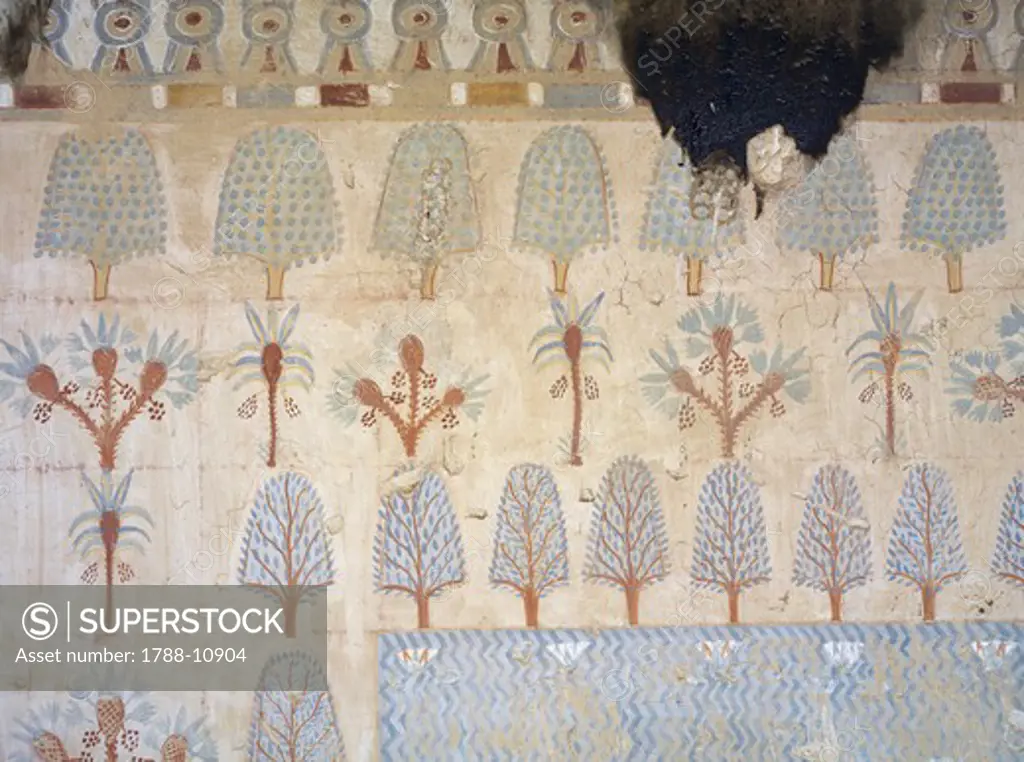 Egypt, Thebes, Luxor, Sheikh 'Abd al-Qurna, Tomb of army commander Amenemheb Meh, Mural painting representing garden