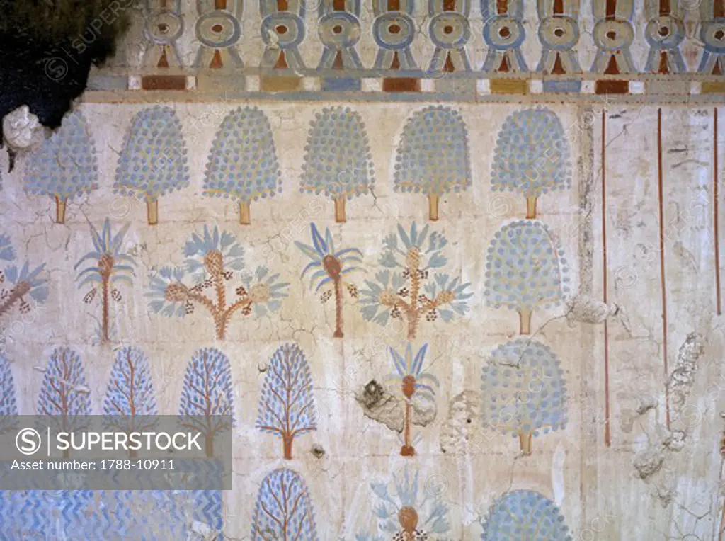 Egypt, Thebes, Luxor, Sheikh 'Abd al-Qurna, Tomb of army commander Amenemheb Meh, Mural painting representing garden
