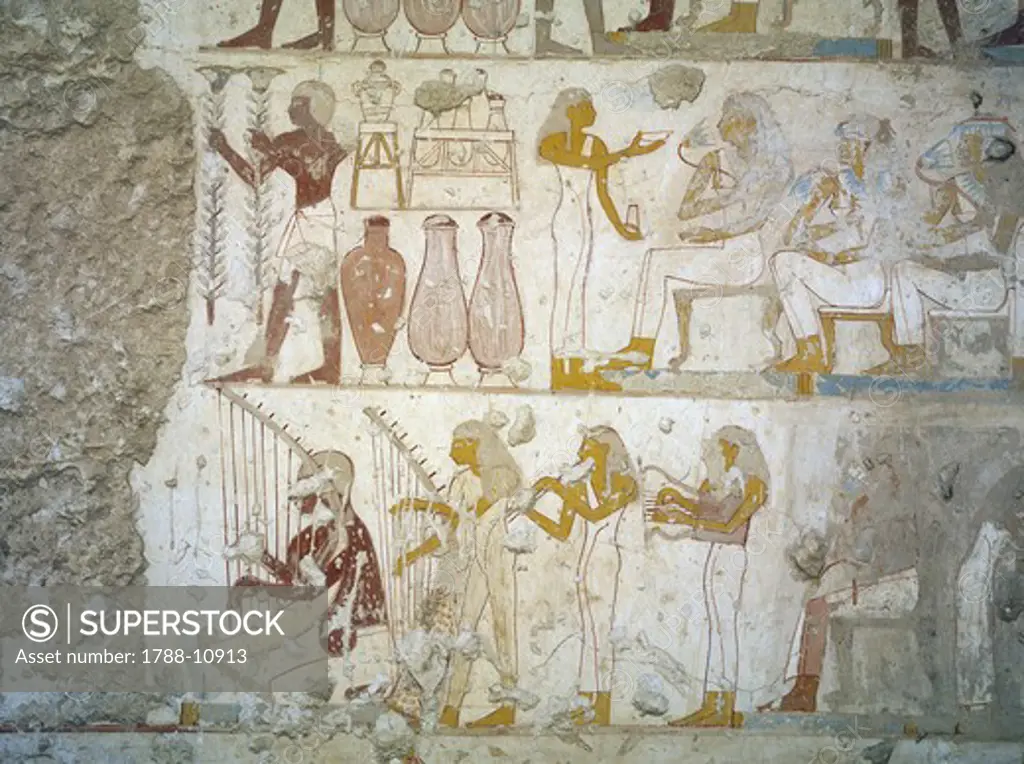 Egypt, Thebes, Luxor, Sheikh 'Abd al-Qurna, Tomb of army commander Amenemheb Meh, Mural paintings depicting votive offerings