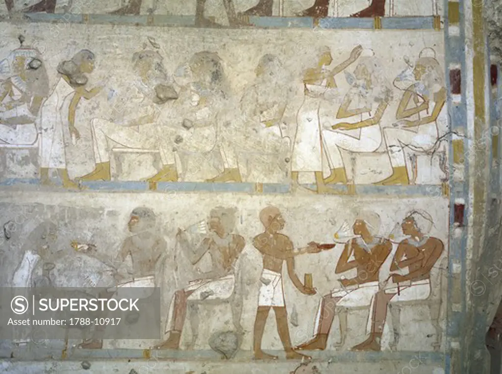 Egypt, Thebes, Luxor, Sheikh 'Abd al-Qurna, Tomb of army commander Amenemheb Meh, Mural painting depicting votive offerings