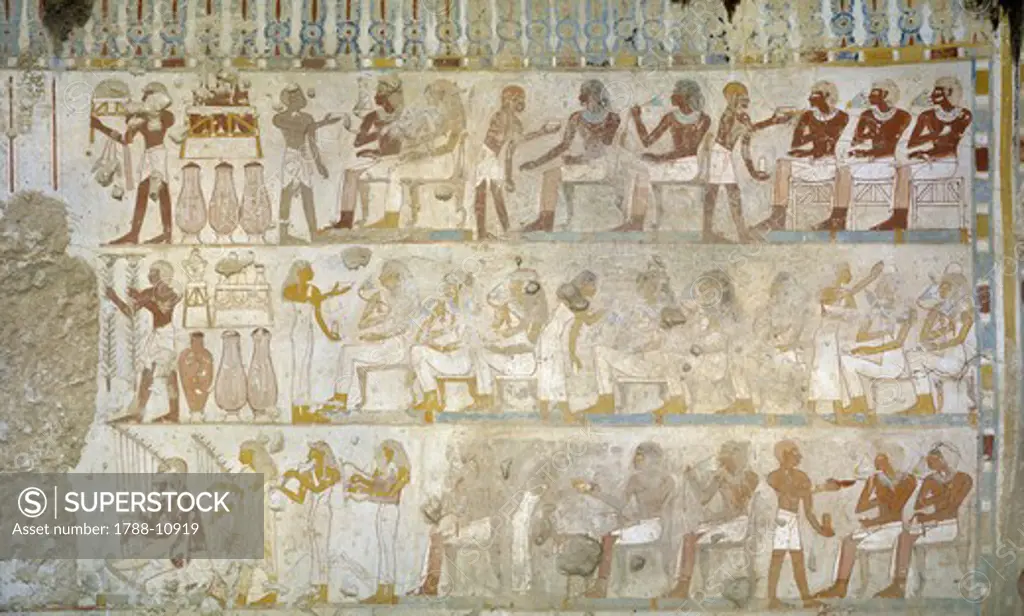 Egypt, Thebes, Luxor, Sheikh 'Abd al-Qurna, Tomb of army commander Amenemheb Meh, Mural painting depicting votive offerings