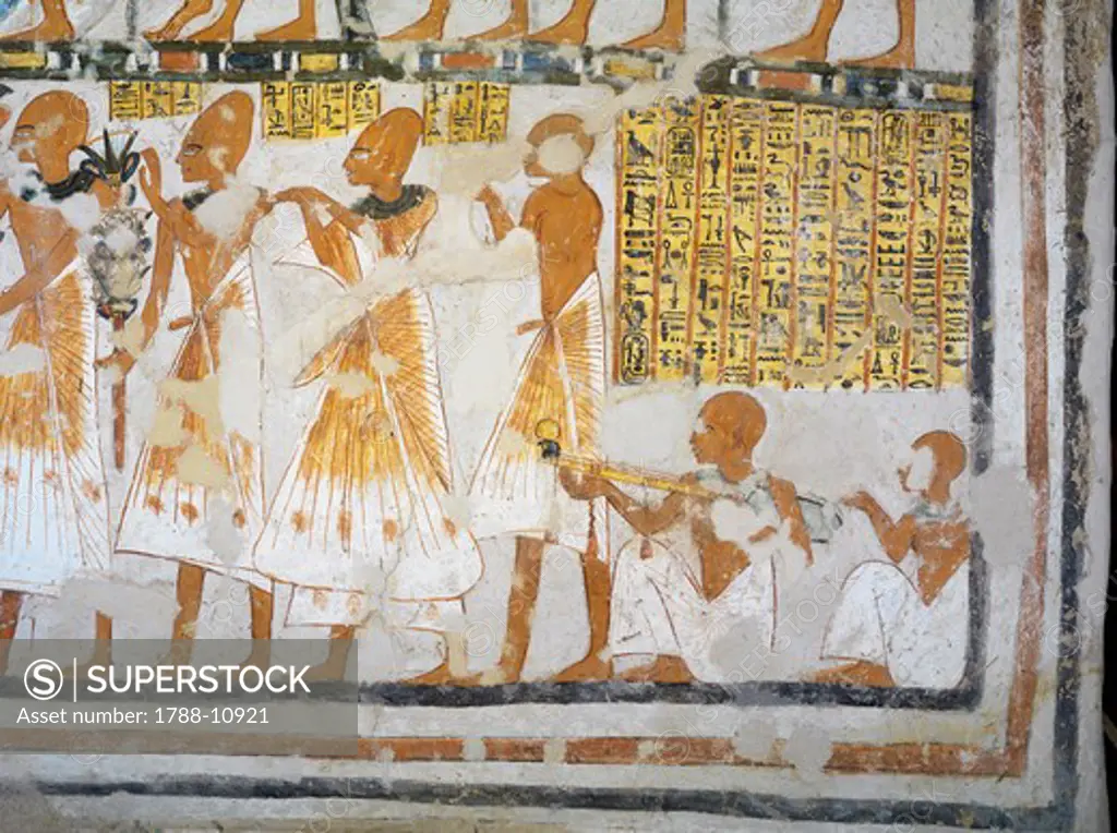 Egypt, Thebes, Luxor, Sheikh 'Abd al-Qurna, Tomb of head of altar at Ramesseum Nakhtamun, Mural painting depicting ritual offerings