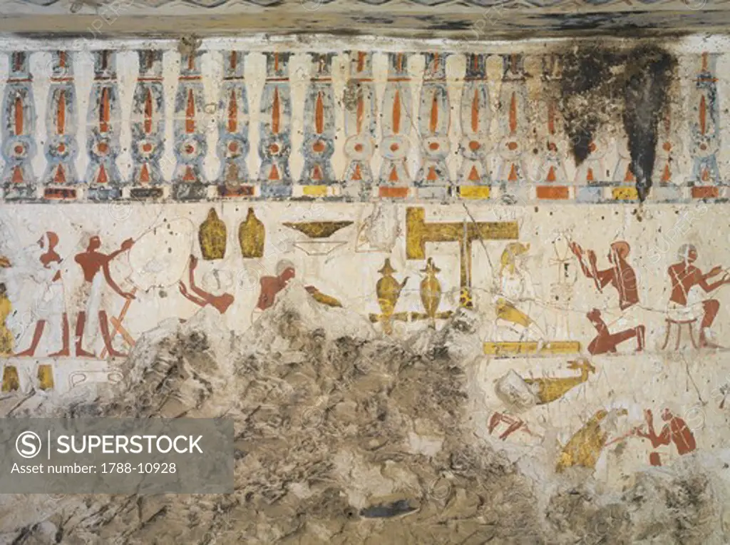 Egypt, Thebes, Luxor, Sheikh 'Abd al-Qurna, Tomb of city governor and vizier Hepu, Mural painting showing craftsmen