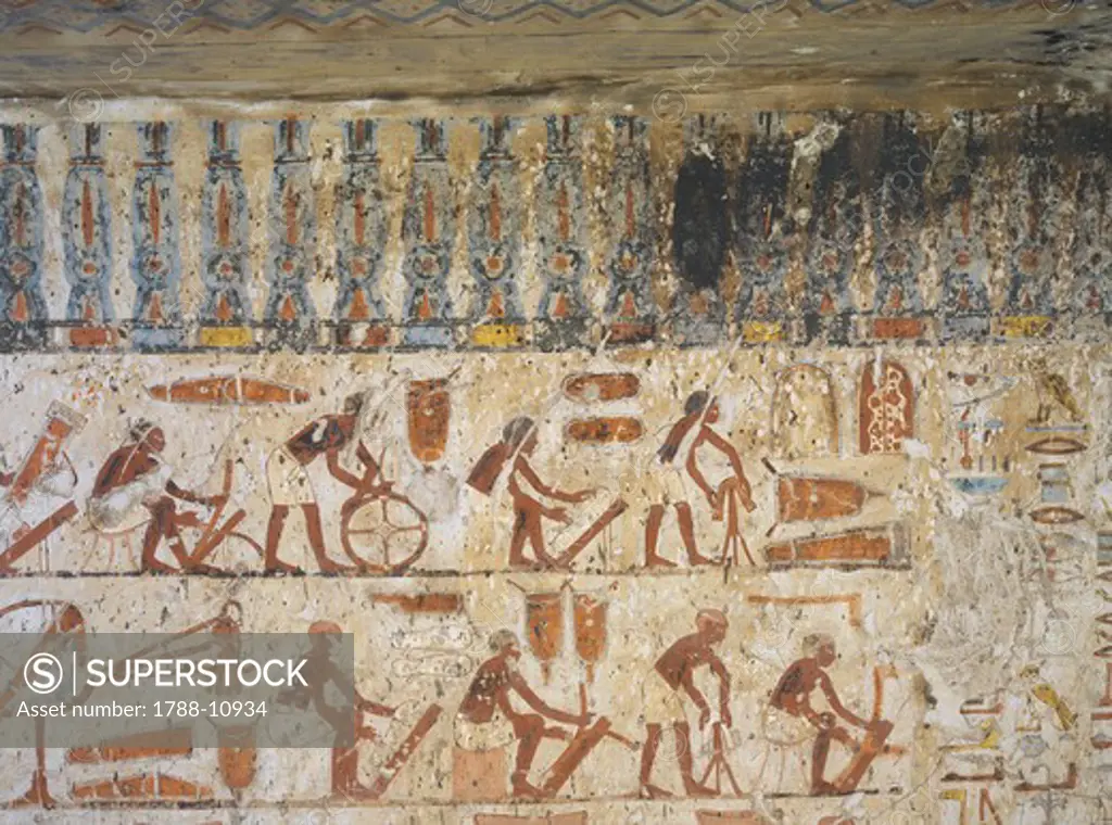 Egypt, Thebes, Luxor, Sheikh 'Abd al-Qurna, Tomb of city governor and vizier Hepu, Mural painting showing craftsmen