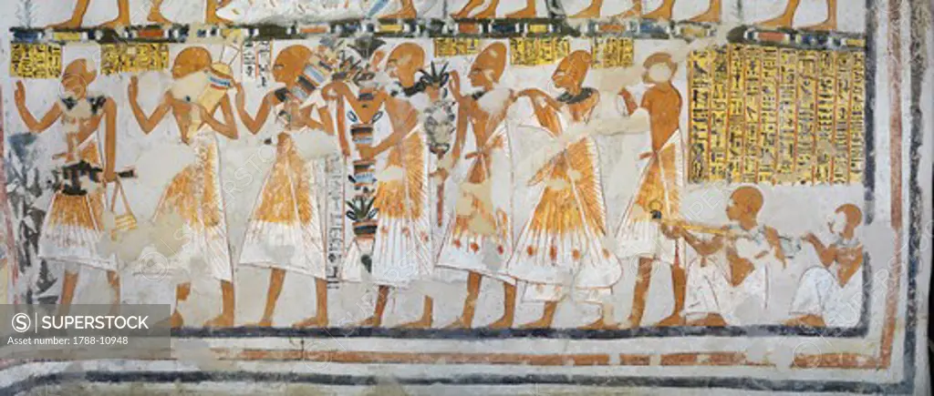 Egypt, Thebes, Luxor, Sheikh 'Abd al-Qurna, Tomb of head of altar at Ramesseum Nakhtamun, Mural painting showing votive offerings