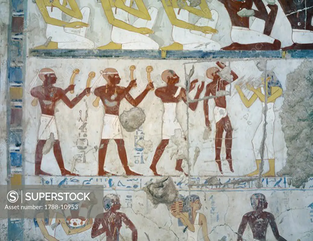 Egypt, Thebes, Luxor, Sheikh 'Abd al-Qurna, Mural paintings in Tomb of scribe and granary accountant at Amon's estate Amenemhat,