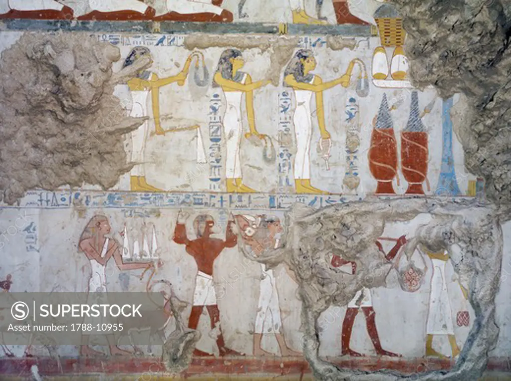 Egypt, Thebes, Luxor, Sheikh 'Abd al-Qurna, Mural paintings showing votive offerings in Tomb of scribe and granary accountant at Amon's estate Amenemhat