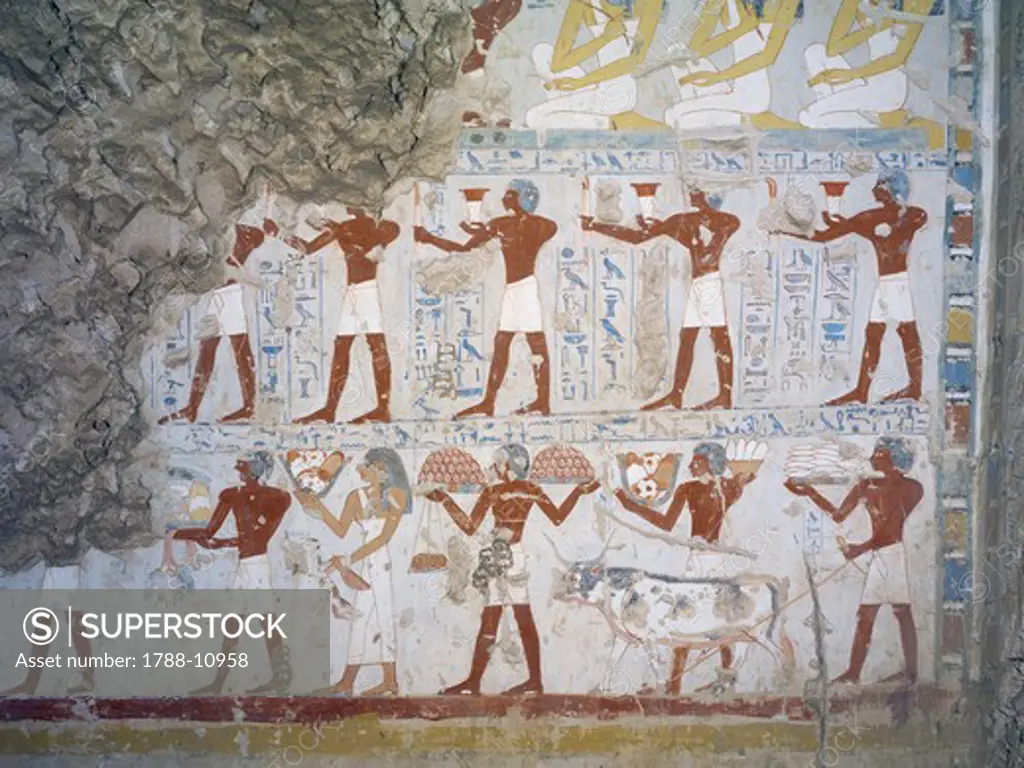 Egypt, Thebes, Luxor, Sheikh 'Abd al-Qurna, Mural paintings showing votive offerings in Tomb of scribe and granary accountant at Amon's estate Amenemhat,
