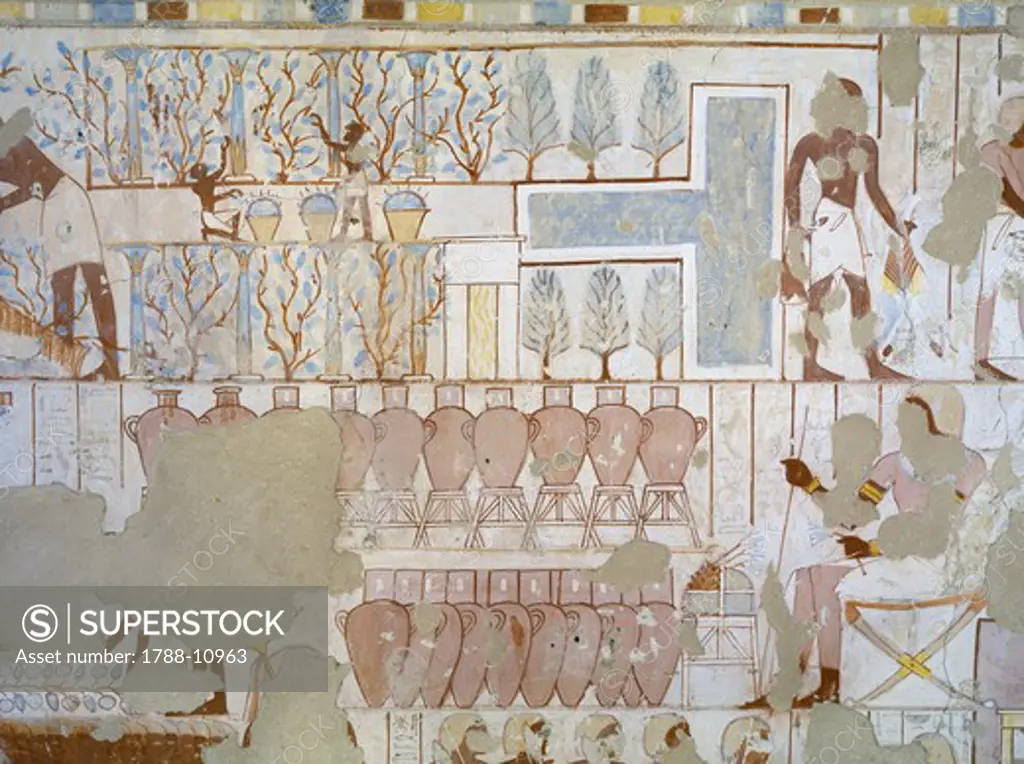 Egypt, Thebes, Luxor, Sheikh 'Abd al-Qurna, Tomb of city police captain Nebamun, mural paintings from eighteenth dynasty